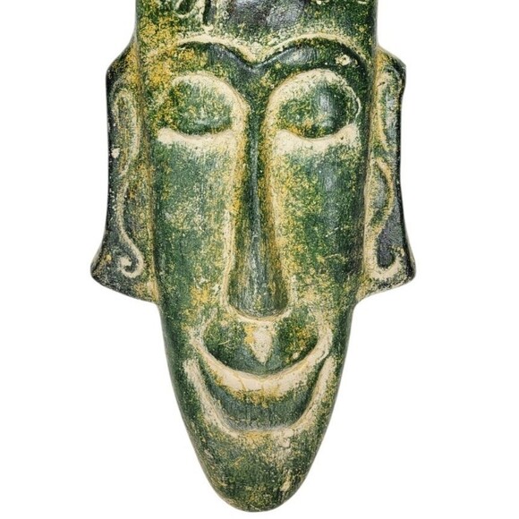 Vintage Clay Indonesian Tree Mask Tribal Green Frog Hanging Heavy - Picture 3 of 7